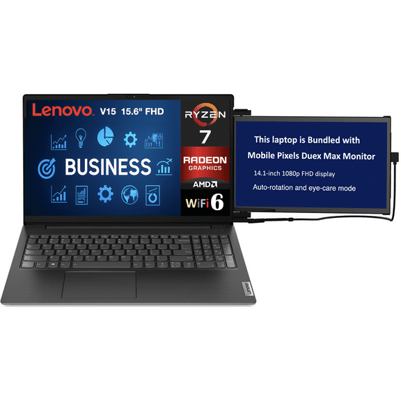 Lenovo V15 Business Laptop 15.6in FHD Display (AMD Ryzen 7 7730U, 16GB DDR4, 256GB M.2  PCIe SSD, AMD Radeon, WiFi 6, Webcam, Bluetooth 5.2, Win 11 Home) w/Duex Max DS Monitor