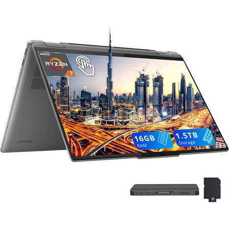 Lenovo Yoga 7 2-in-1 16" WUXGA Touchscreen Laptop, AMD Ryzen 7 8840HS, 16GB LPDDR5X, 1.5TB Storage (1TB SSD+512GB Docking Station Set), Backlit Keyboard, Fingerprint Reader, Win 11, Artic Grey