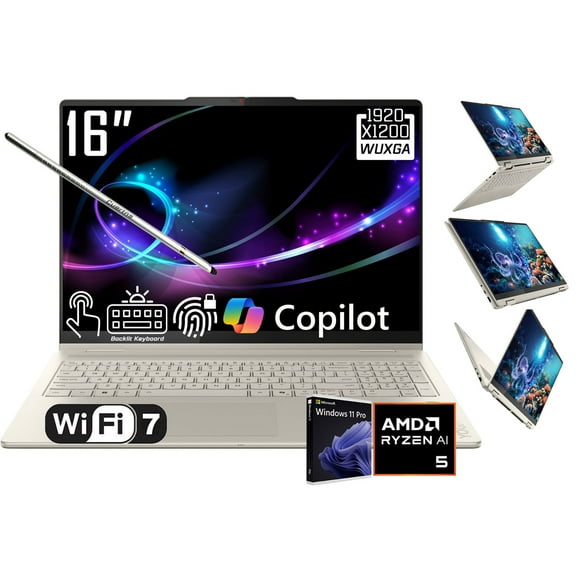 Lenovo Yoga 7 2-in-1 AI PC Copilot Laptop, 16" 2K 1920x1200 LCD Touchscreen, AMD Ryzen AI 5 340, WiFi 7, Backlit KB, Fingerprint, 1080P Webcam, Stylus Pen, Win 11 Pro(16GB DDR5 RAM / 2TB SSD)