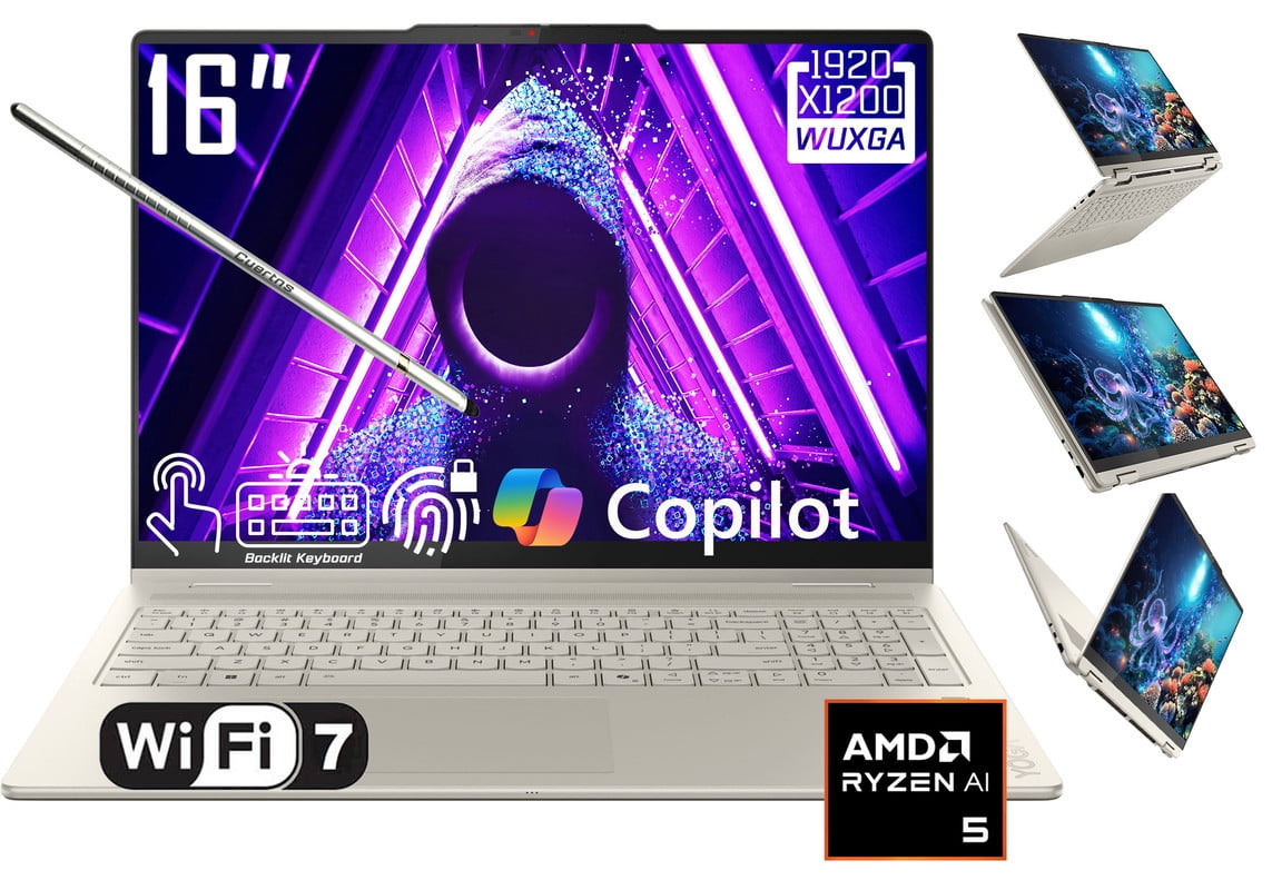 Lenovo Yoga 7 2-in-1 AI PC Copilot Laptop, 16" 2K 1920x1200 LCD Touchscreen, AMD Ryzen AI 5 340, WiFi 7, Backlit KB, Fingerprint, 1080P Webcam, Stylus Pen, Win 11 Home(16GB DDR5 RAM - 512GB SSD)