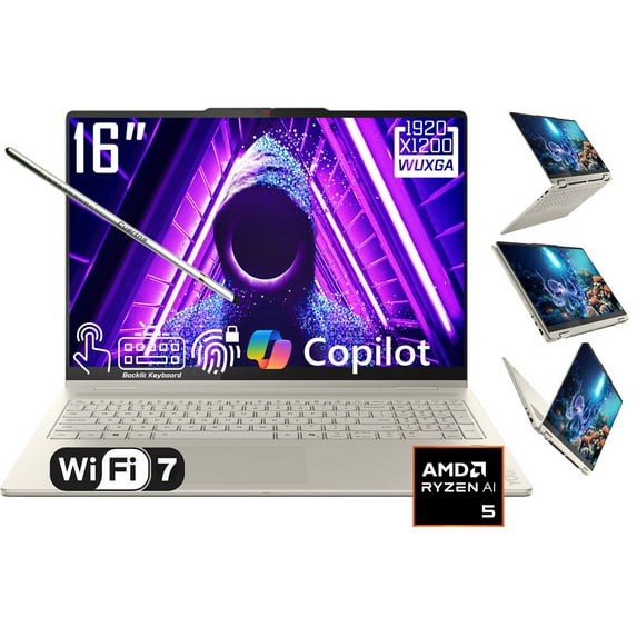 Lenovo Yoga 7 2-in-1 AI PC Copilot Laptop, 16" 2K 1920x1200 LCD Touchscreen, AMD Ryzen AI 5 340, WiFi 7, Backlit KB, Fingerprint, 1080P Webcam, Stylus Pen, Win 11 Home(16GB DDR5 RAM - 512GB SSD)