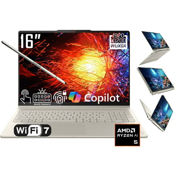 Lenovo Yoga 7 2-in-1 AI PC Copilot Laptop, 16" 2K 1920x1200 LCD Touchscreen, AMD Ryzen AI 5 340, WiFi 7, Backlit KB, Fingerprint, 1080P Webcam, Stylus Pen, Win 11 Home(16GB DDR5 RAM / 512GB SSD)