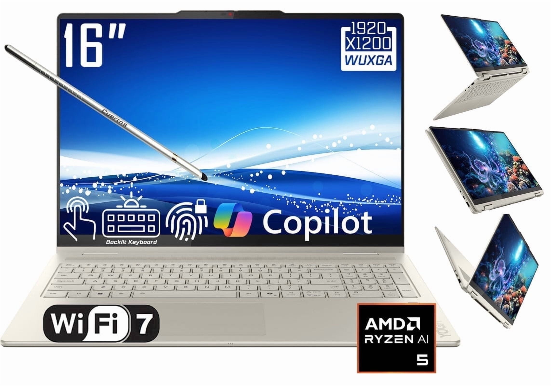 Lenovo Yoga 7 2-in-1 AI PC Copilot Laptop, 16" 2K Touchscreen, Ryzen 5 340, Backlit KB, Webcam, Win 11 Home(16GB DDR5 RAM | 1TB SSD)