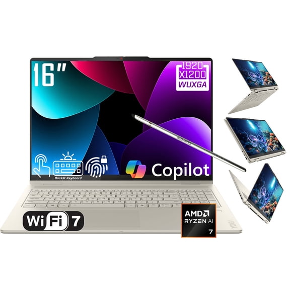 Lenovo Yoga 7 2-in-1 AI PC Copilot Laptop, 16" 2K LCD Touchscreen, AMD Ryzen AI 7 350, AMD Radeon, WiFi 7, Backlit KB, Fingerprint, 1080P Webcam, Stylus Pen, Win 11 Home(16GB DDR5 RAM & 1TB SSD)