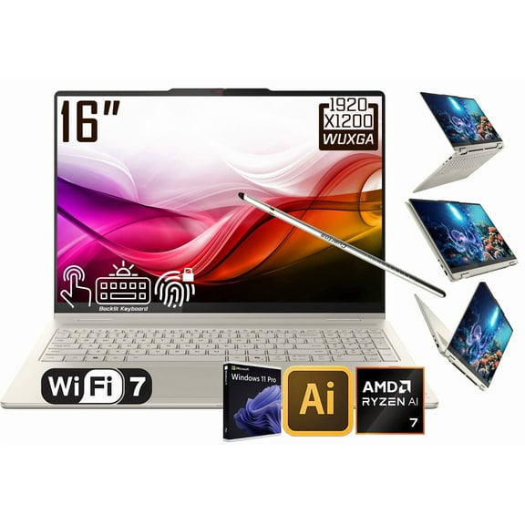 Lenovo Yoga 7 2-in-1 AI PC Copilot Laptop, 16" 2K LCD Touchscreen, AMD Ryzen AI 7 350, AMD Radeon, WiFi 7, Backlit KB, Fingerprint, 1080P Webcam, Stylus Pen, Win 11 Pro(16GB DDR5 RAM - 1TB SSD)