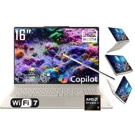 Lenovo Yoga 7 2-in-1 AI PC Copilot Laptop, 16" 2K LCD Touchscreen, AMD Ryzen AI 7 350, AMD Radeon, WiFi 7, Backlit KB, Fingerprint, 1080P Webcam, Stylus Pen, Win 11 Home(16GB DDR5 RAM * 1TB SSD)