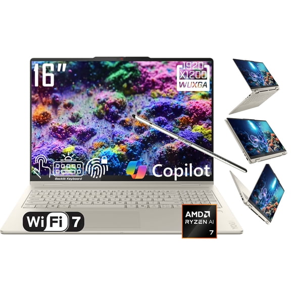 Lenovo Yoga 7 2-in-1 AI PC Copilot Laptop, 16" 2K LCD Touchscreen, AMD Ryzen AI 7 350, AMD Radeon, WiFi 7, Backlit KB, Fingerprint, 1080P Webcam, Stylus Pen, Win 11 Home(16GB DDR5 RAM * 1TB SSD)