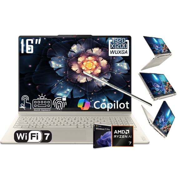 Lenovo Yoga 7 2-in-1 AI PC Copilot Laptop, 16" 2K LCD Touchscreen, AMD Ryzen AI 7 350, AMD Radeon, WiFi 7, Backlit KB, Fingerprint, 1080P Webcam, Stylus Pen, Win 11 Pro(16GB DDR5 RAM \ 1TB SSD)