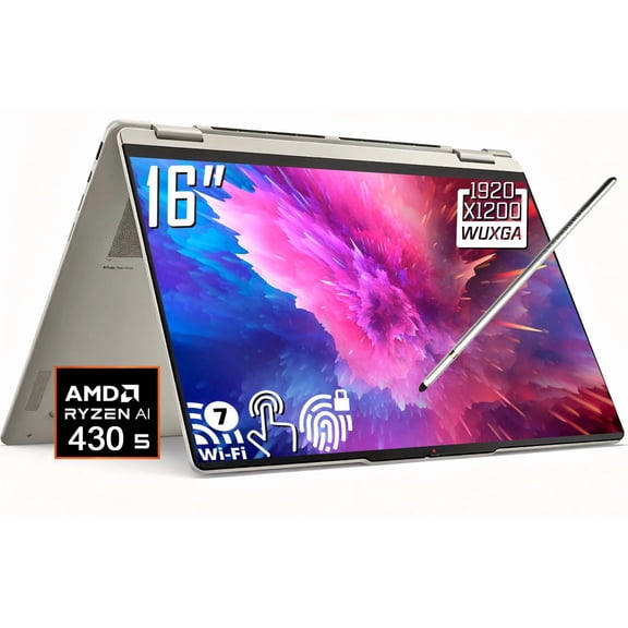 Lenovo Yoga 7a 2-in-1 AI Laptop, 16" 2K 1920 x 1200 IPS LCD Touchscreen, AMD Ryzen AI 5 430, WiFi 7, 5MP Webcam, Backlit KB, Stylus Pen, Win11 Home (16GB DDR5 RAM - 512GB SSD)