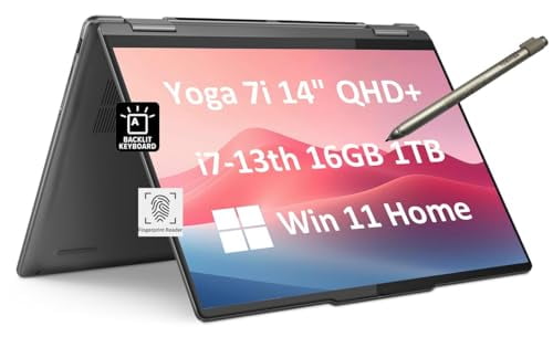 Lenovo Yoga 7i 14" QHD+ 2-in-1 Touchscreen (Intel 13th Gen Core i7-1355U, 16GB RAM, 1TB SSD, Active Pen) Business Laptop, Long Battery Life, Backlit, Fingerprint, FHD Webcam, Win 11 Home, Storm Grey