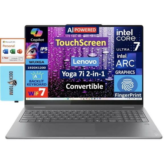 Lenovo Yoga 7i 2-in-1 AI PC 2-in-1 Laptop 16.0in Touchscreen IPS WUXGA Display (Intel Ultra 7-256V, 16GB LPDDR5X, 2TB M.2 PCIe SSD, Win 11 Pro) w/Microsoft 365 Personal , DKZ USB Port Expander