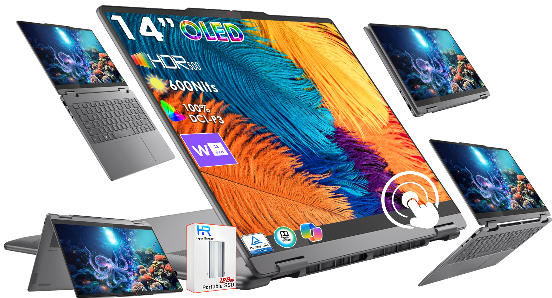 Lenovo Yoga 7i 2-in-1 Copilot+ PC, 14" 600Nits OLED Touch (1920x1200), Ultra 5 226V (Beats Ultra 5 125U), 15H Battery, Backlit KB, Thunderbolt, Privacy cam, FP, Wi-Fi 7, Win 11 Pro, W/128G PSD