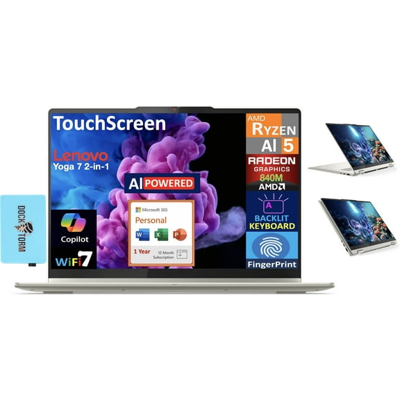 Lenovo Yoga AI PC 2-in-1 Laptop 16.0in Touchscreen IPS WUXGA Display (AMD Ryzen AI 5 340, 16GB LPDDR5X, 2TB M.2 PCIe SSD, Backlit KB, Win 11 Pro) w/Microsoft 365 Personal , DKZ USB Port Expander