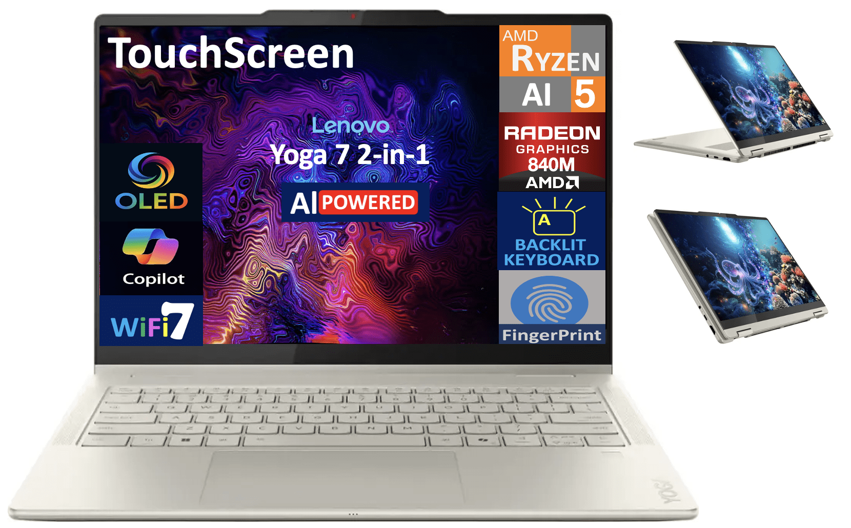 Lenovo Yoga AI Powered 2-in-1 Laptop 14.0in Touchscreen OLED WUXGA Display (AMD Ryzen AI 5 340, 16GB LPDDR5X, 512GB SSD, Backlit KB, Fingerprint, WiFi 7, Webcam, Bluetooth 5.4, Win 11 Home)