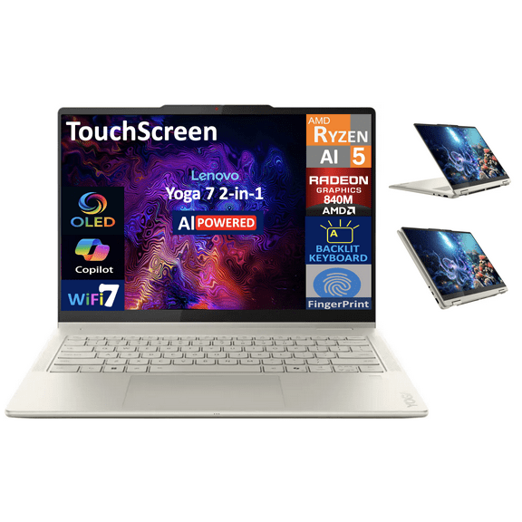 Lenovo Yoga AI Powered 2-in-1 Laptop 14.0in Touchscreen OLED WUXGA Display (AMD Ryzen AI 5 340, 16GB LPDDR5X, 512GB SSD, Backlit KB, Fingerprint, WiFi 7, Webcam, Bluetooth 5.4, Win 11 Home)