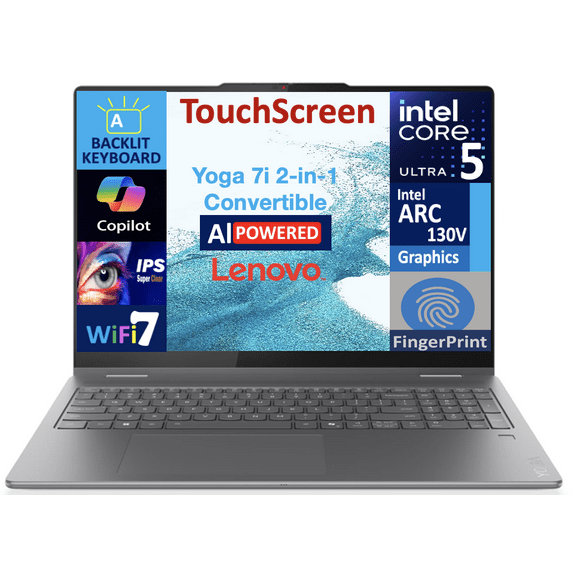 Lenovo Yoga AI Powered 2-in-1 Laptop 16.0in Touchscreen IPS WUXGA Display (Intel Ultra 5-226v, 16GB LPDDR5X, 1TB M.2 PCIe SSD, Backlit KB, Fingerprint, 2 Thunderbolt 4, WiFi 7, Webcam, Win 11 Pro)