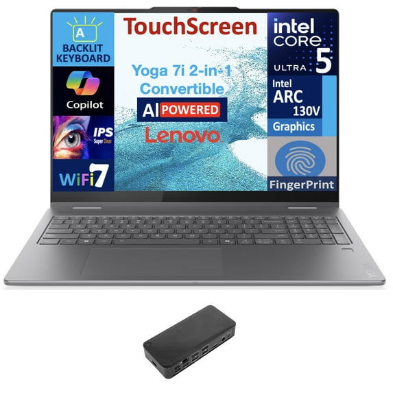 Lenovo Yoga AI Powered 2-in-1 Laptop 16.0in Touchscreen IPS WUXGA Display (Intel Ultra 5-226v, 16GB LPDDR5X, 1TB M.2 PCIe SSD, Backlit KB, Fingerprint, 2 Thunderbolt 4, Win 11 Home) w/USB-C Dock