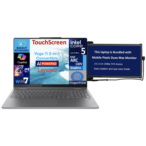 Lenovo Yoga AI Powered 2-in-1 Laptop 16.0in Touchscreen IPS WUXGA Display (Intel Ultra 5-226v, 16GB LPDDR5X, 512GB M.2 PCIe SSD, Backlit KB, Fingerprint, Win 11 Pro) w/Duex Max DS Monitor