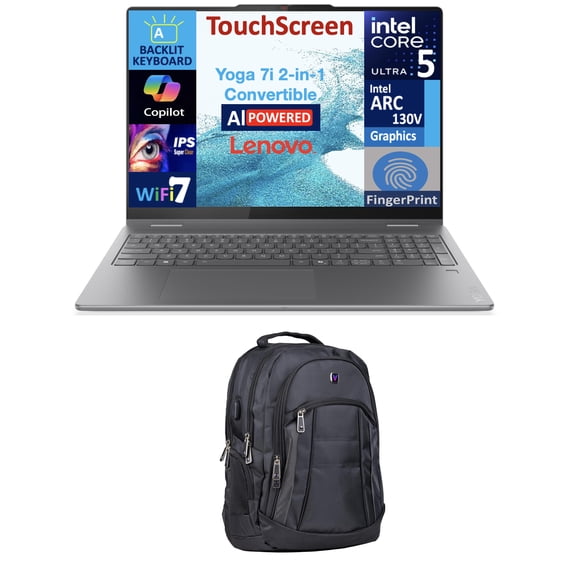 Lenovo Yoga AI Powered 2-in-1 Laptop 16.0in Touchscreen IPS WUXGA Display (Intel Ultra 5-226v, 16GB LPDDR5X, 512GB M.2 PCIe SSD, Backlit KB, Fingerprint, Win 11 Pro) w/Premium Backpack