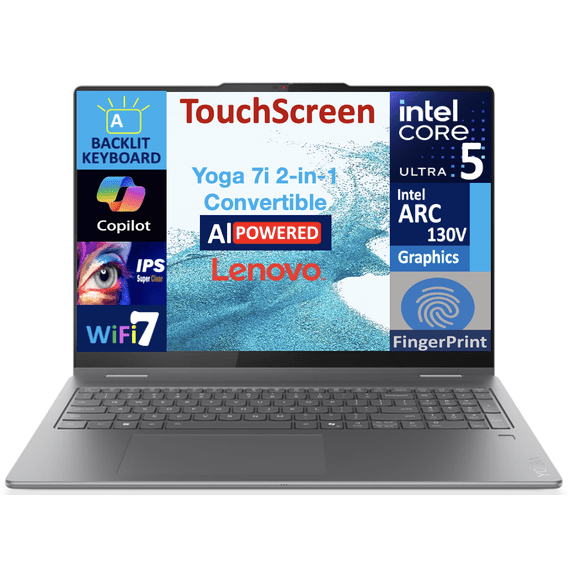 Lenovo Yoga AI Powered 2-in-1 Laptop 16.0in Touchscreen IPS WUXGA Display (Intel Ultra 5-226v, 16GB LPDDR5X, 512GB SSD, Backlit KB, Fingerprint, 2 Thunderbolt 4, WiFi 7, Webcam, Win 11 Home)