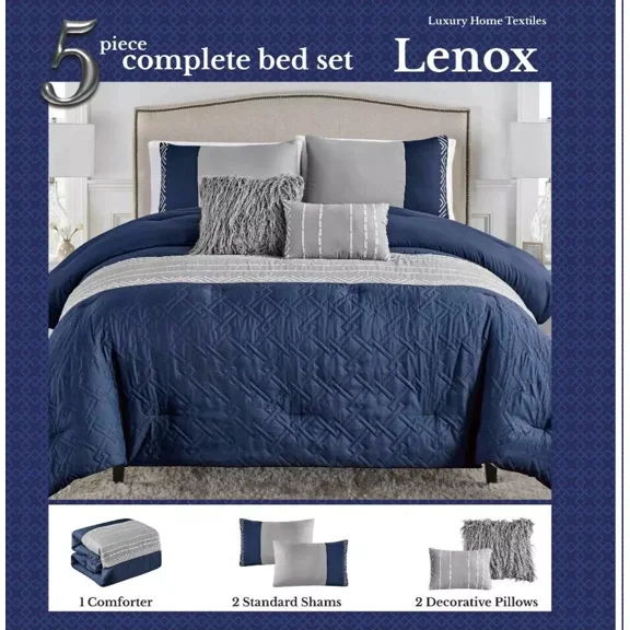 Lenox 5 Piece Comforter Set Includes 2 Pillow Shams and 2 Throw Pillows, Navy with Metallic Silver Accent