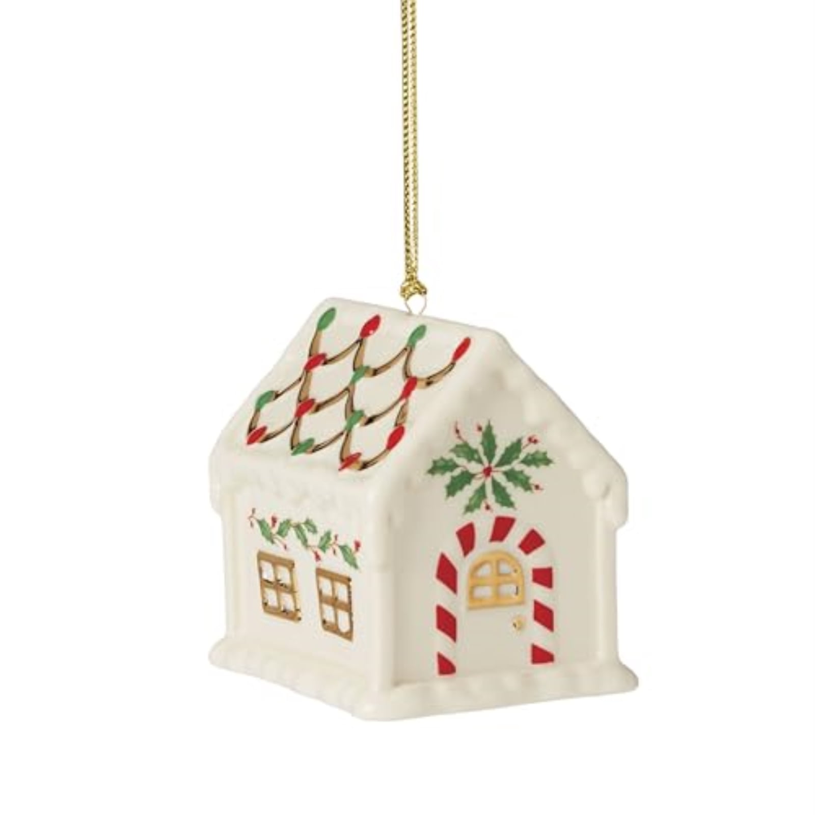 Porcelain Gingerbread House Ornament with Gold Accents and String Hanger