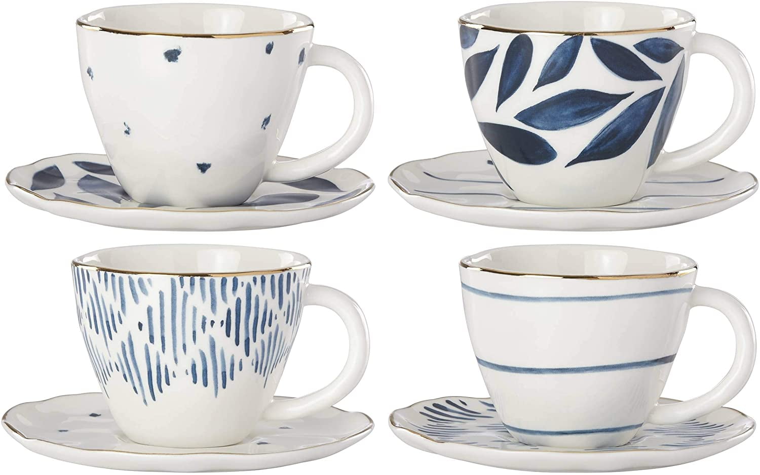 Blue and White Floral Geometric Espresso Cup and Saucer Set, 4-Piece