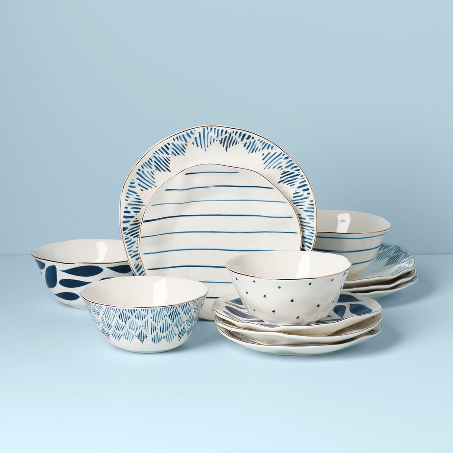 Blue and White Porcelain 12-Piece Floral Dinnerware Set