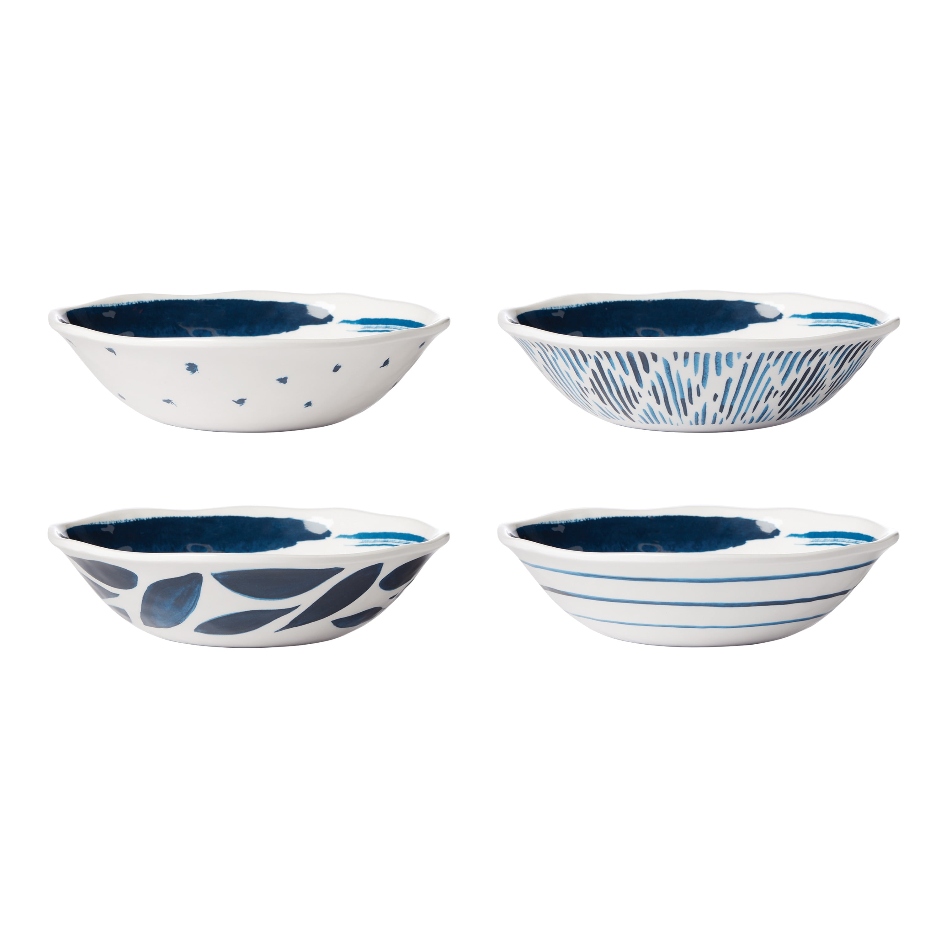 Blue and White Melamine Round Snack Bowls, Set of 4
