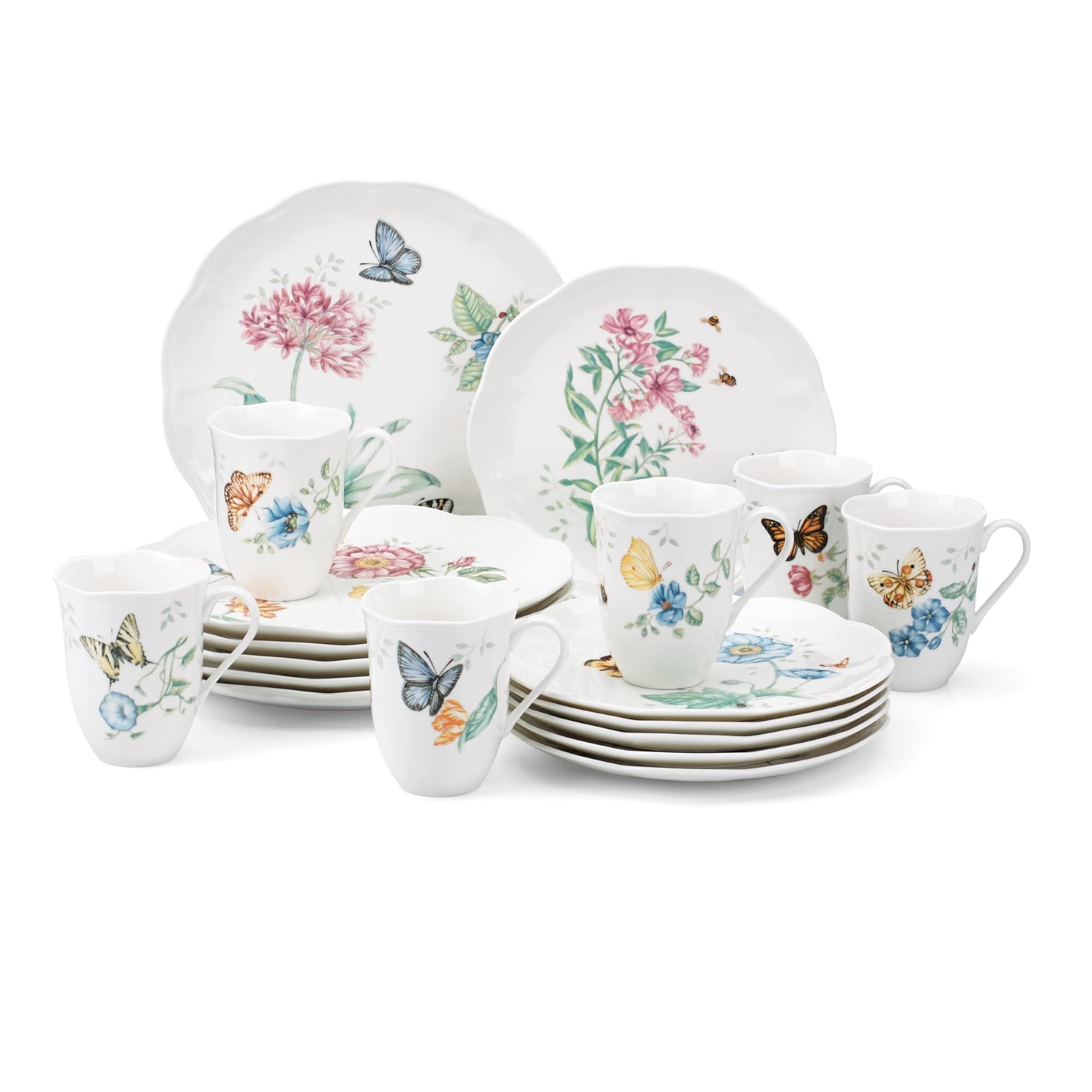 Butterfly Meadow 18-Piece White Porcelain Dinnerware Set with Floral Graphics