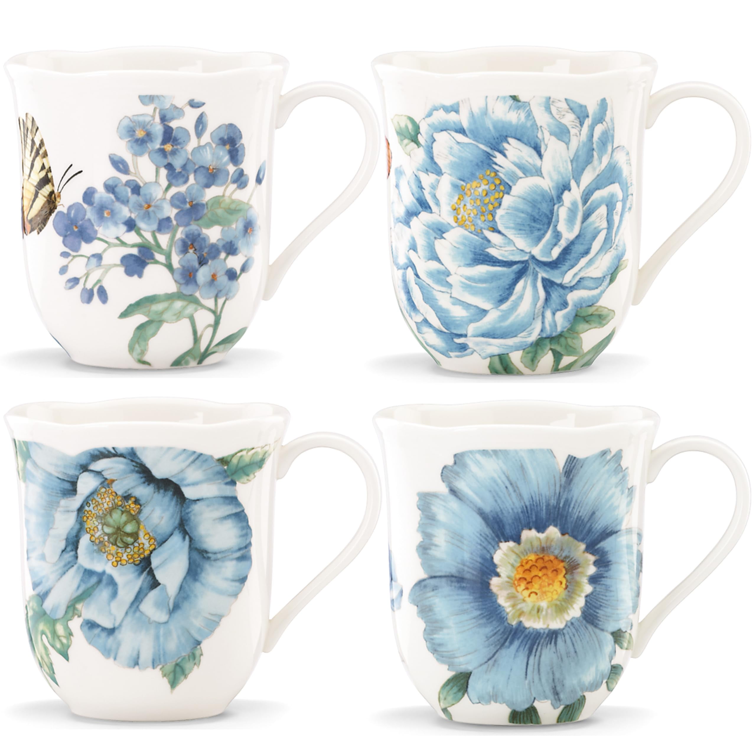 Butterfly Meadow Blue Ceramic Mug Set with Floral Design