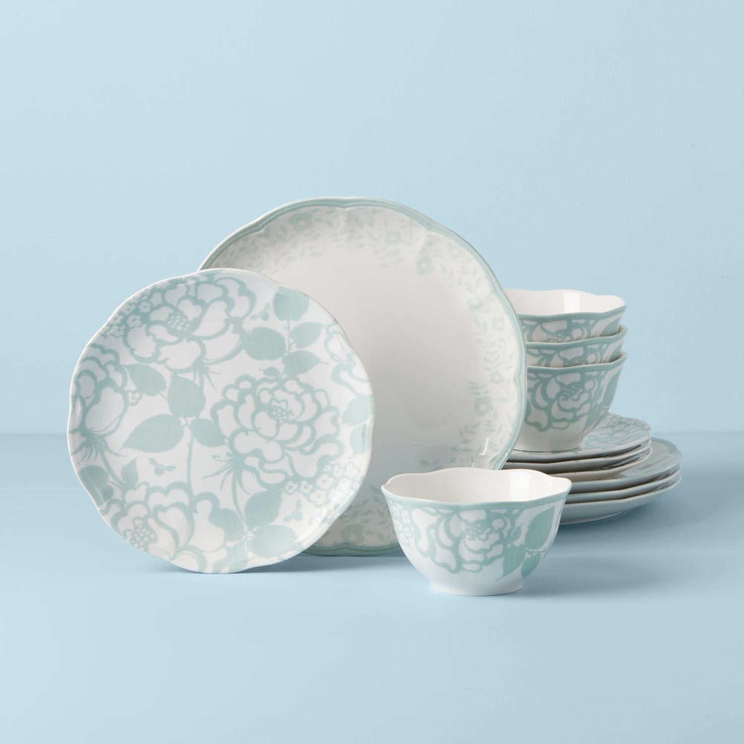 Sage Floral Porcelain 12-Piece Dinnerware Set, Service for 4