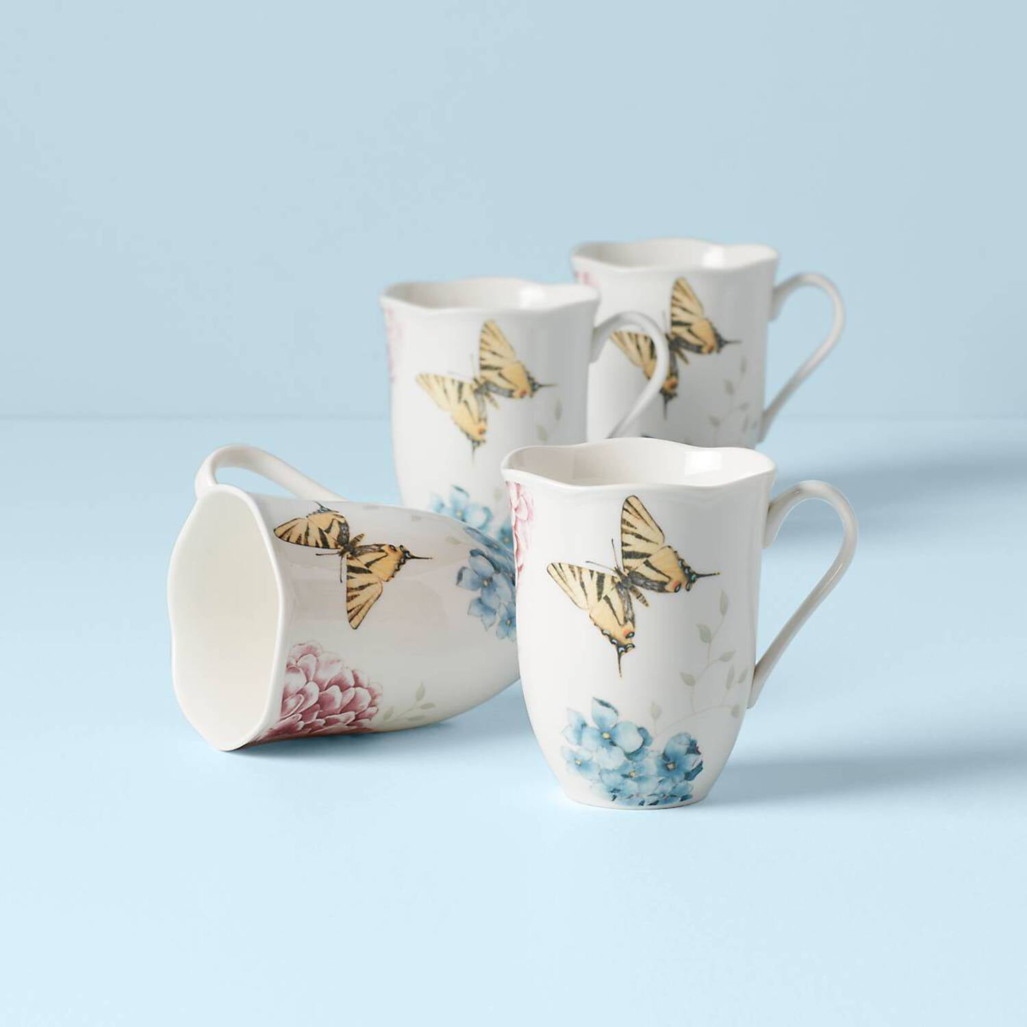White Ceramic Butterfly and Hydrangea Graphic Detail Mug Set of Four