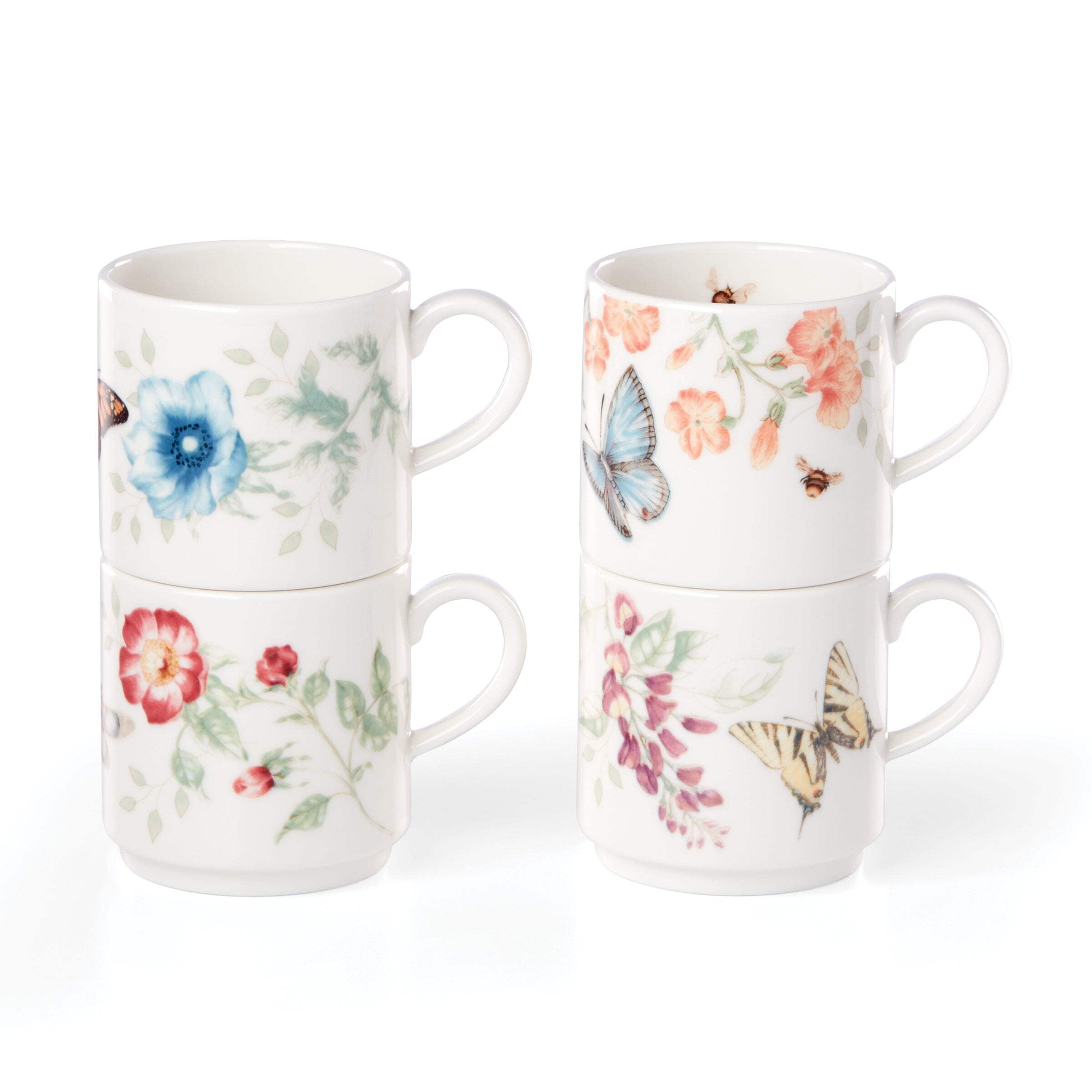 White Ceramic Butterfly and Floral Stacking Mug Set