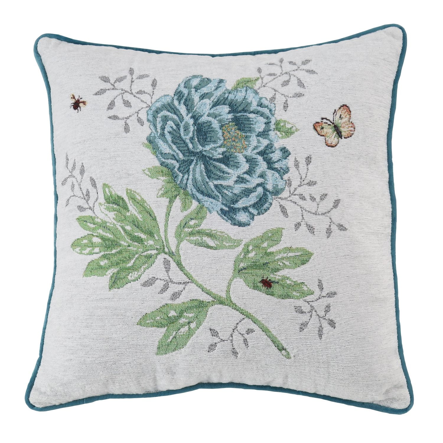 Blue Floral Pattern Plush Pillow with Green Leaves, 18"x18"