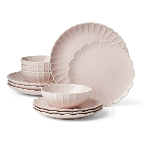 Lenox French Perle Scallop Blush 12-Piece Dishwasher Safe Stoneware Dinnerware Set (Service for 4)