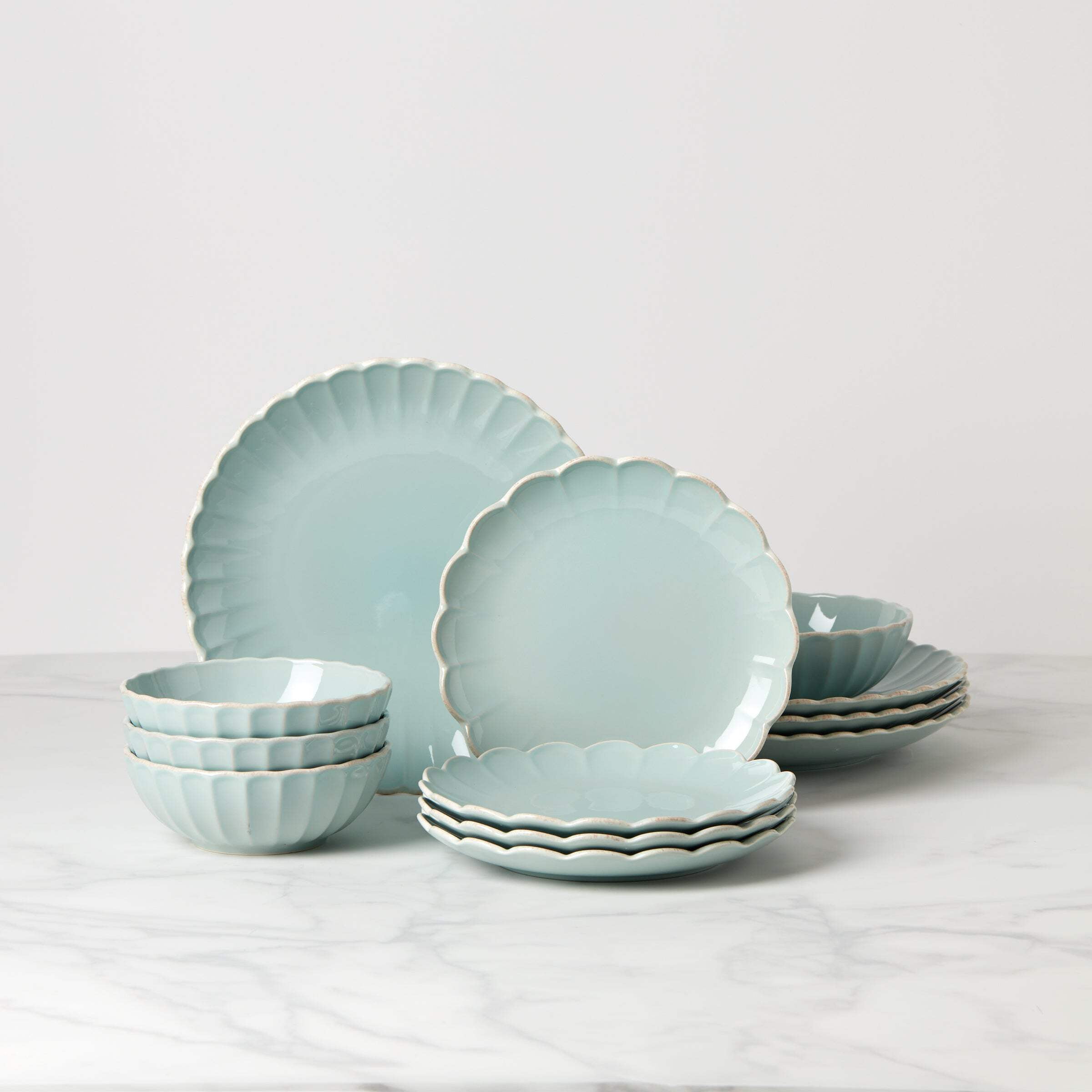 French Perle Ice Blue Ceramic 12-Piece Dinnerware Set