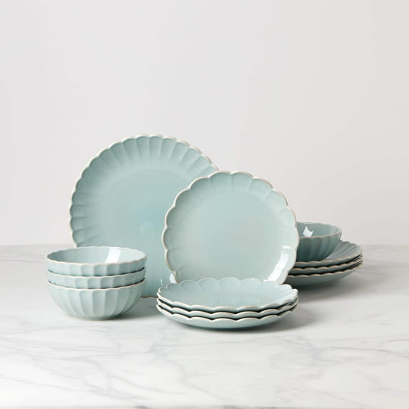 Lenox French Perle Scallop Ice Blue 12-Piece Dinnerware Sets.