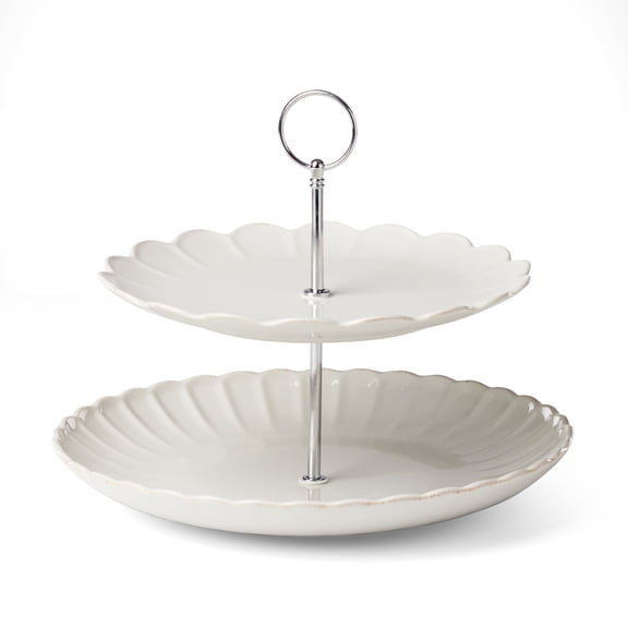 Lenox French Perle Scallop White Dishwasher Safe Stoneware 11" x 11" 2-Tier Serving Tray