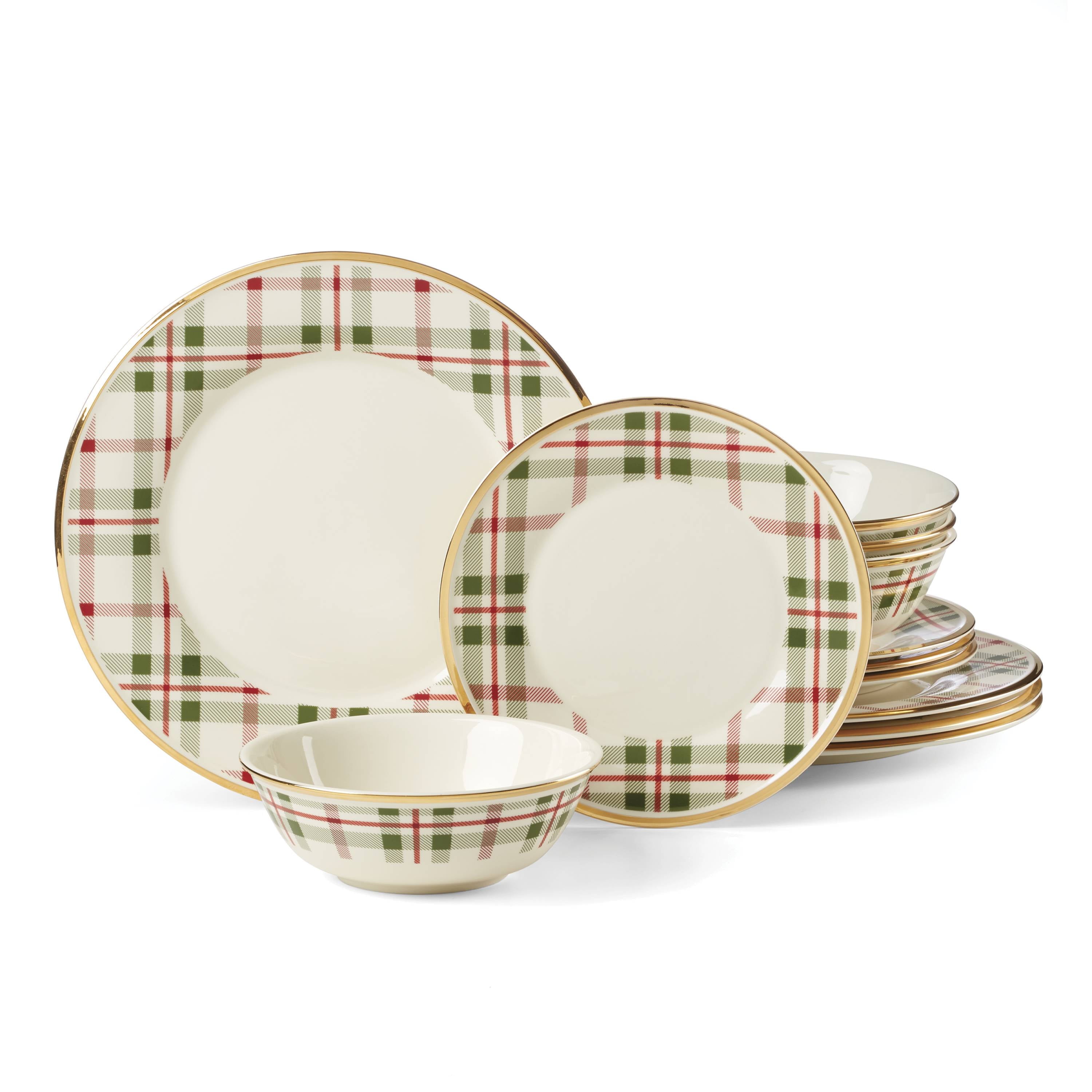 Ivory and Plaid Porcelain 12-Piece Holiday Dinnerware Set