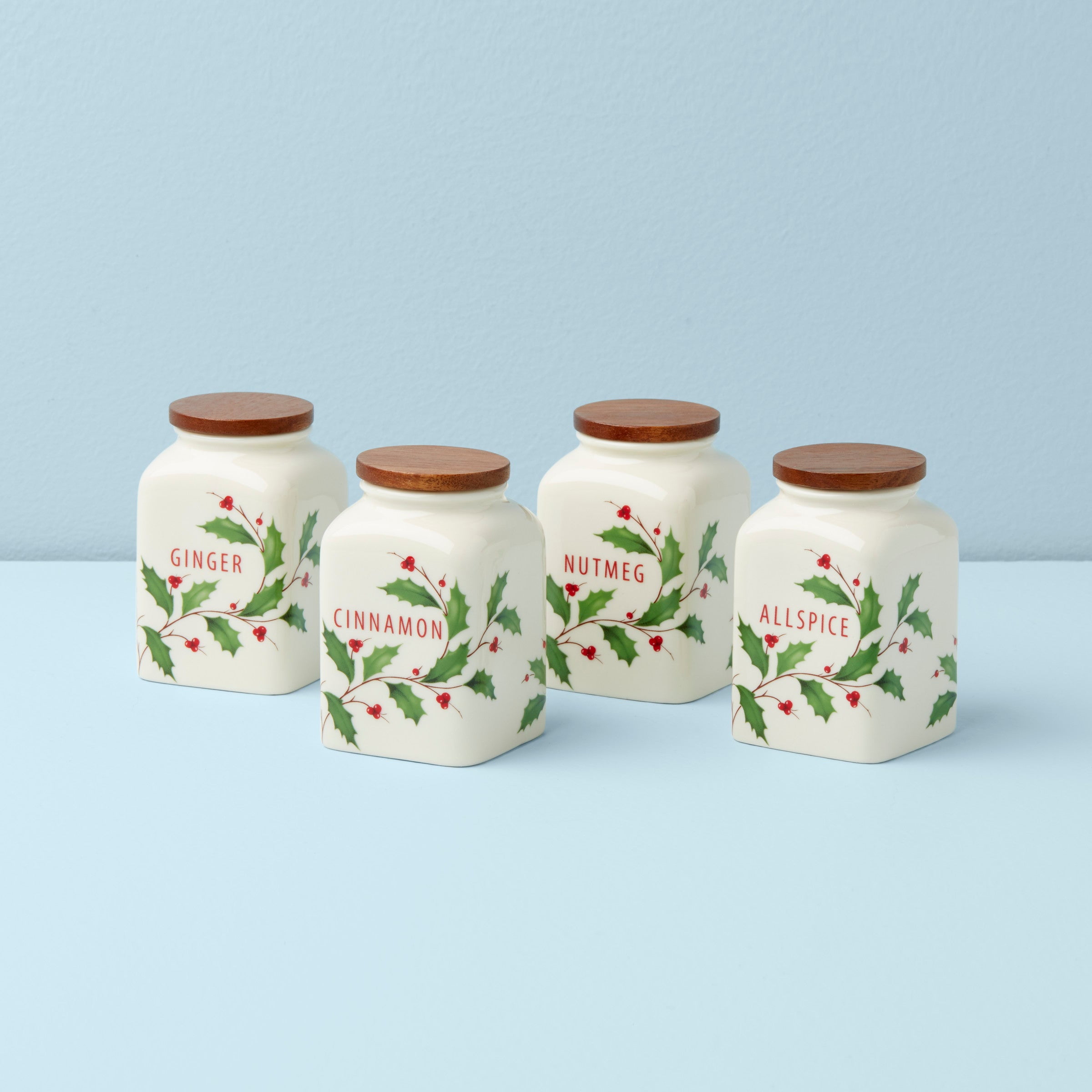 Holiday Porcelain Spice Jars with Acacia Wood Lids, Set of 4