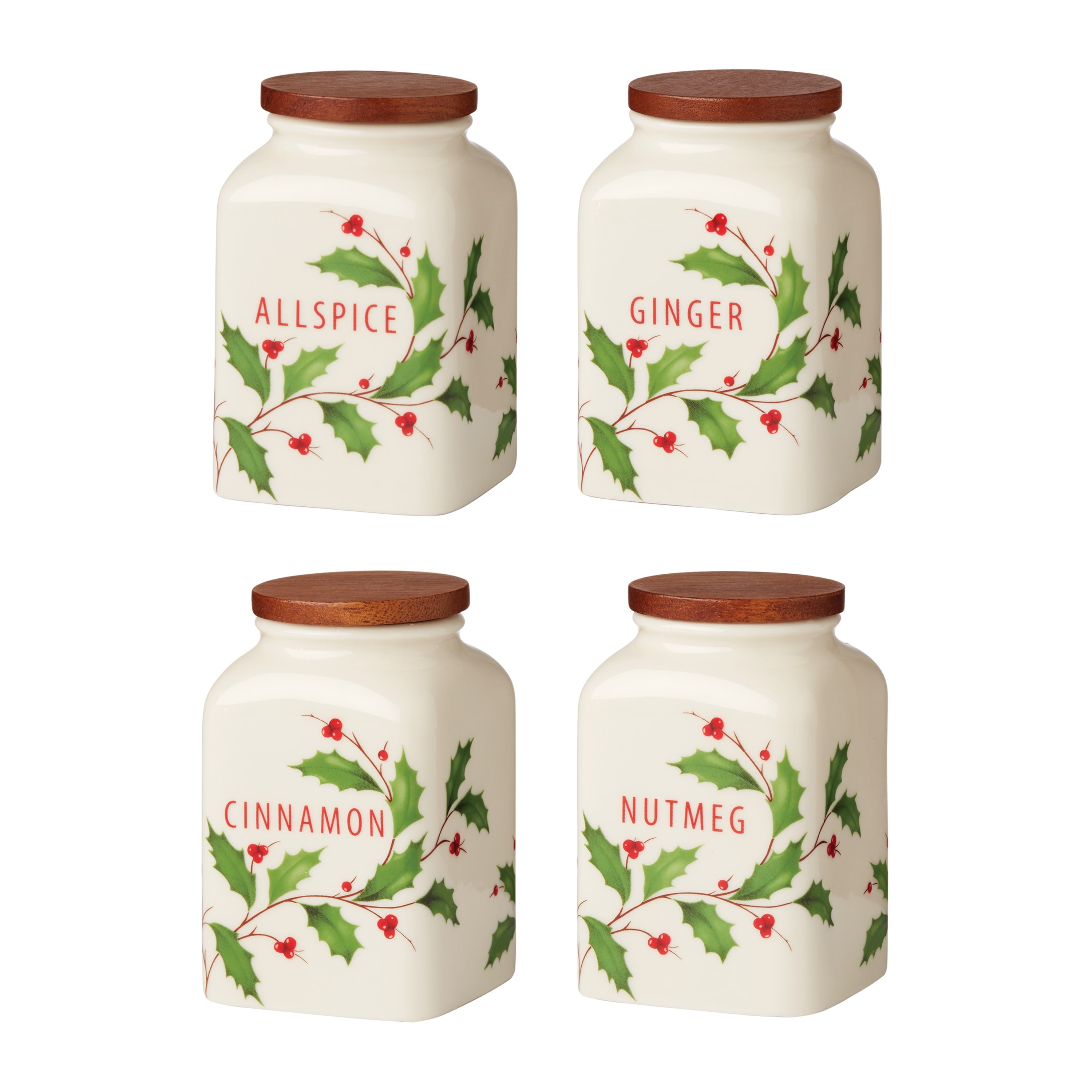 Holiday Porcelain Spice Jars with Acacia Wood Lids, Set of 4