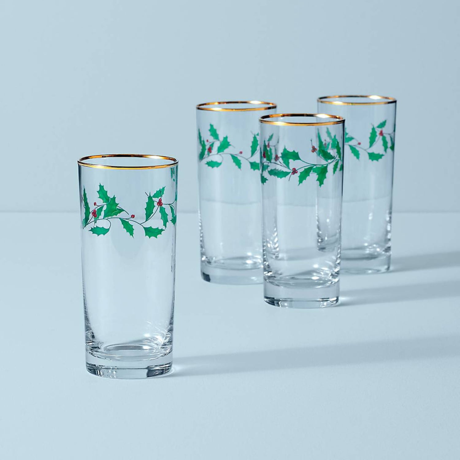 Holiday Holly and Berry 12 oz. Highball Glass Set with Gold Trim
