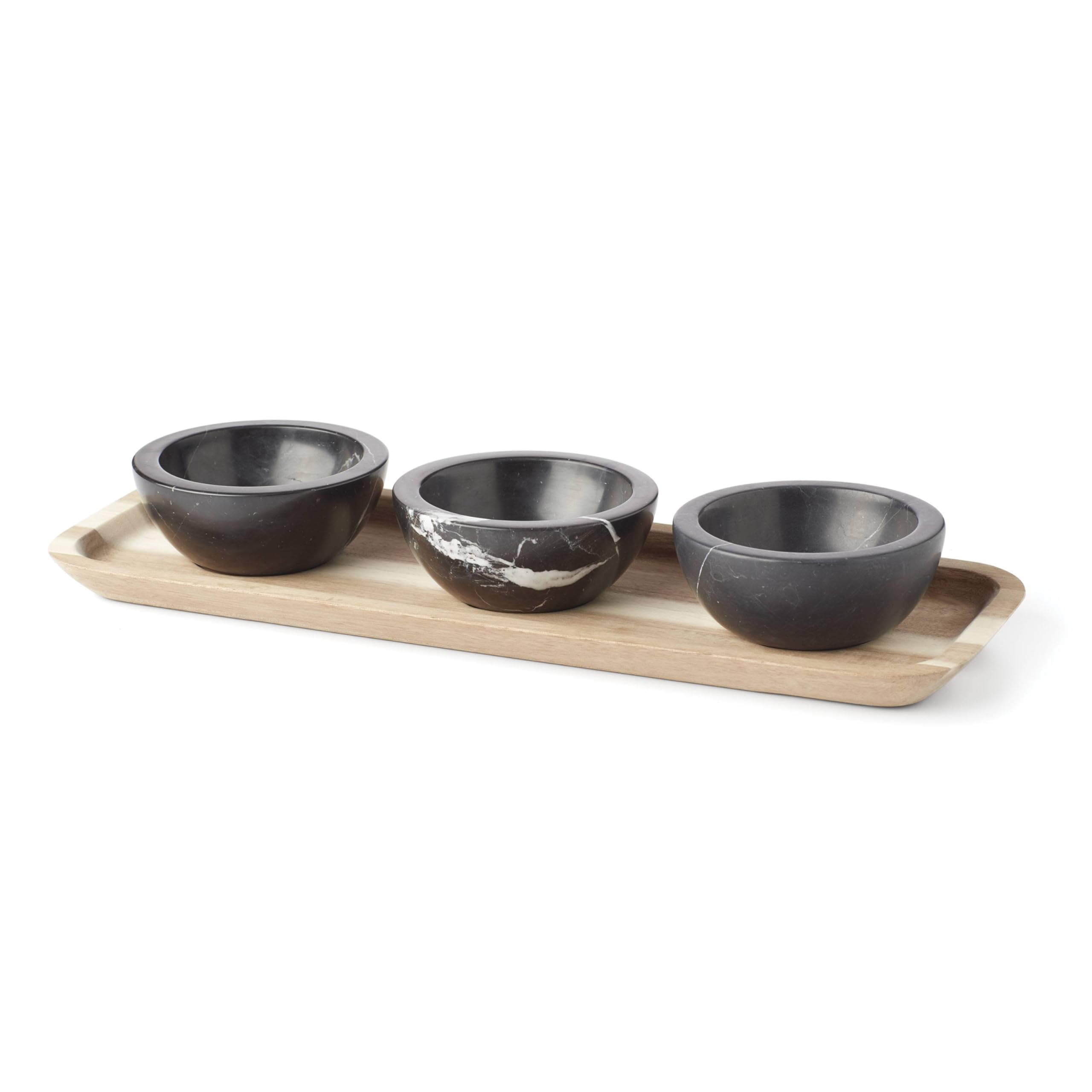 Modern Light Wood Tray with Black Marble Dip Bowls