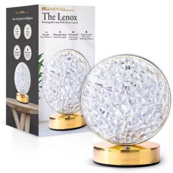Lenox Round Cordless Rechargeable LED Table Lamp 1 Pack Faux Crystal Shade Gold Base Touch Control