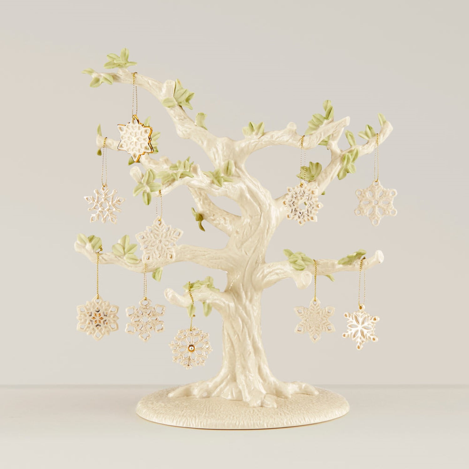 Ivory Porcelain Snowflake Ornament Tree Set with Display Stand