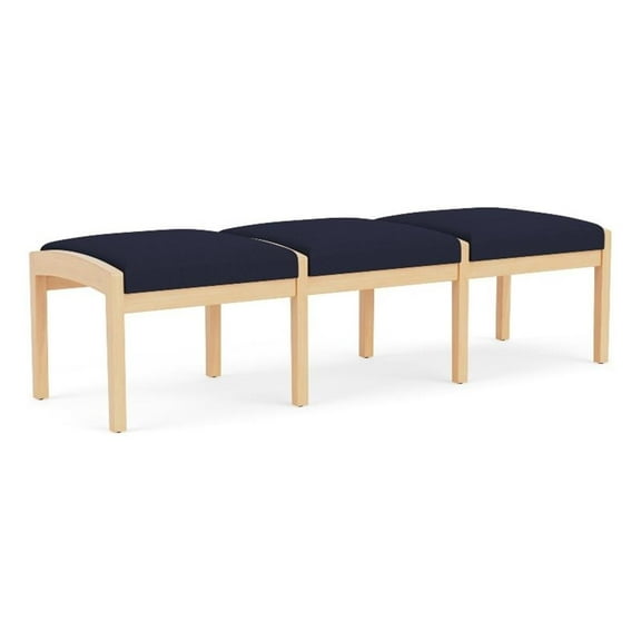 Lenox Wood Reception Waiting 18" 3-Seat Bench / Natural Wood / Navy Blue