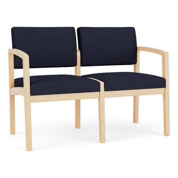 Lenox Wood Reception Waiting 2-Seat Tandem Seating / Natural Wood / Navy Blue
