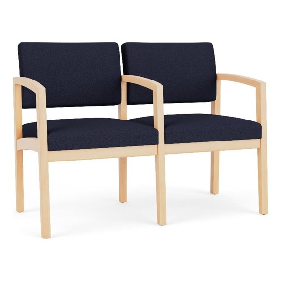 Lenox Wood Reception Waiting 2-Seat Tandem Seating / Natural Wood / Navy Blue