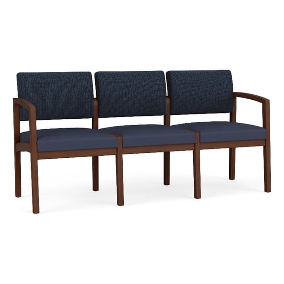 Lenox Wood Reception Waiting 3-Seat Tandem Seating / Walnut Wood / Blue / Blue
